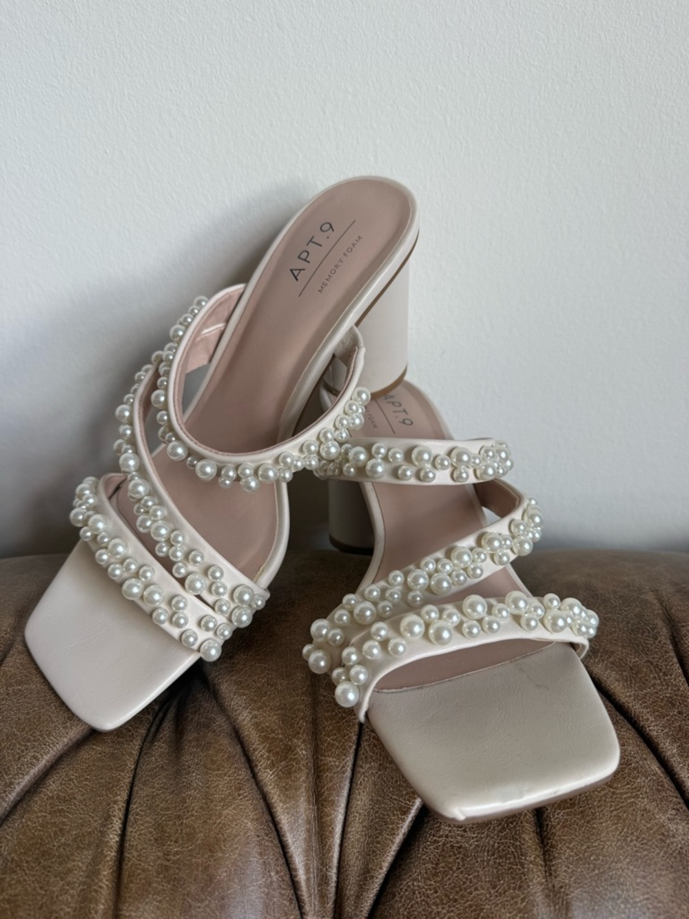 Apt. 9 Pearl-Trimmed Cream Block Heel Sandals